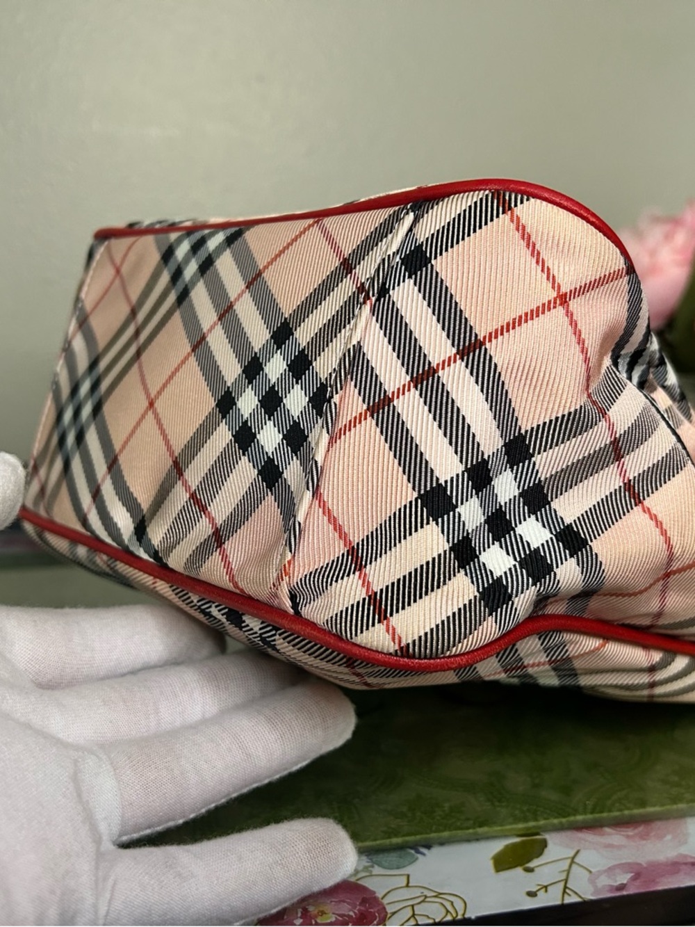 Vintage Burberry Nova Check Tote Bag Red Leather Trim Beige Plaid Shoulder Bag - Picture 5 of 13